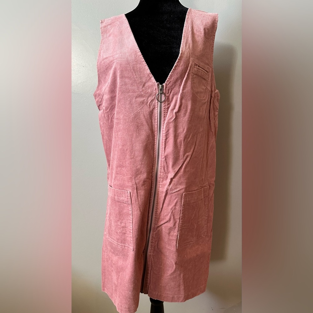 Pink Corduroy Front Zipper Dress